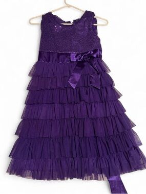Girls Purple Ruffled Party Dress with Satin Bow